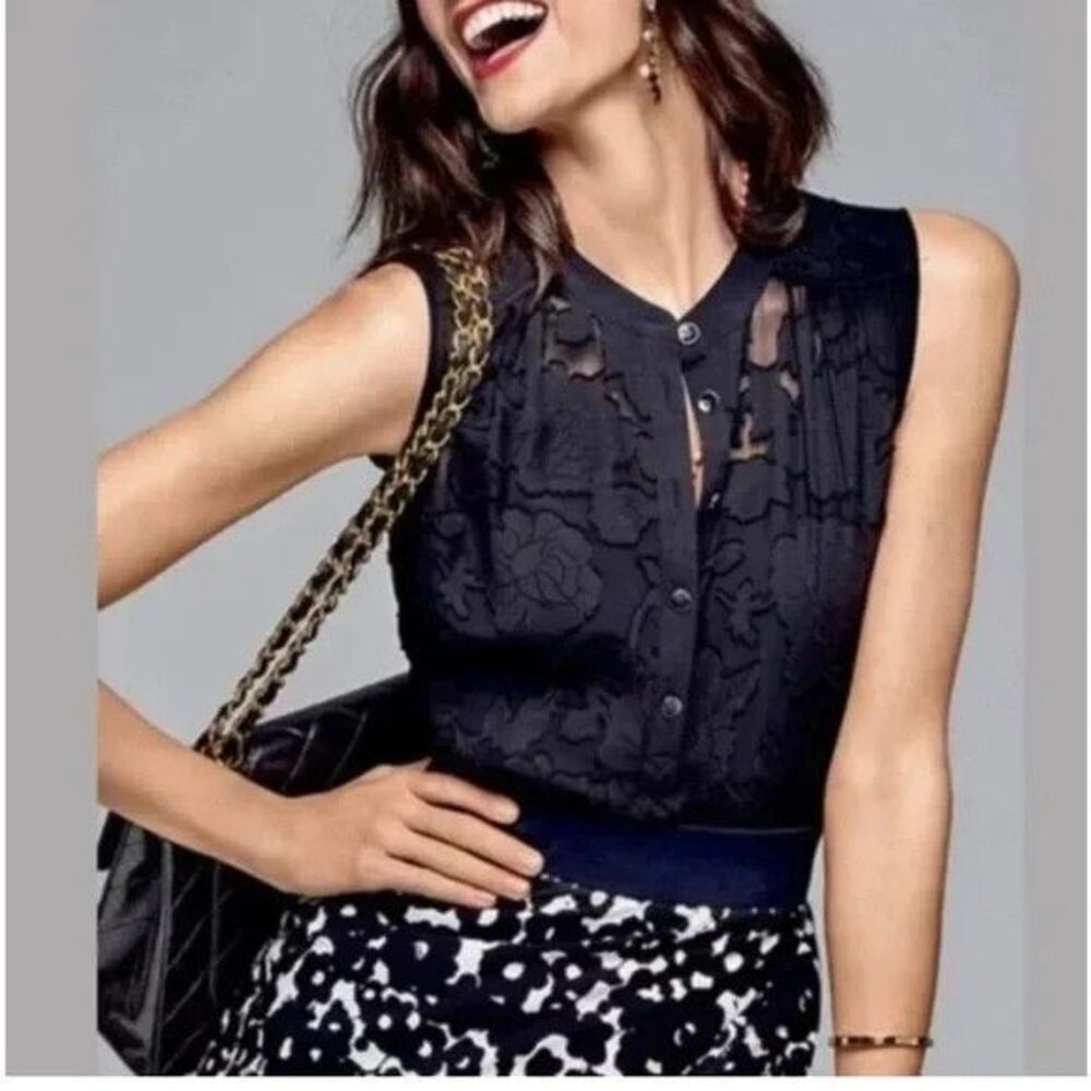 Cabi 5346 Clip Art Sleeveless Floral Sz S  Black Sheer Blouse Tunic Top Goth